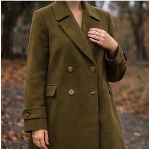 Talbots Womens Olive Green Wool Blend Double Breasted Long Coat Size 14